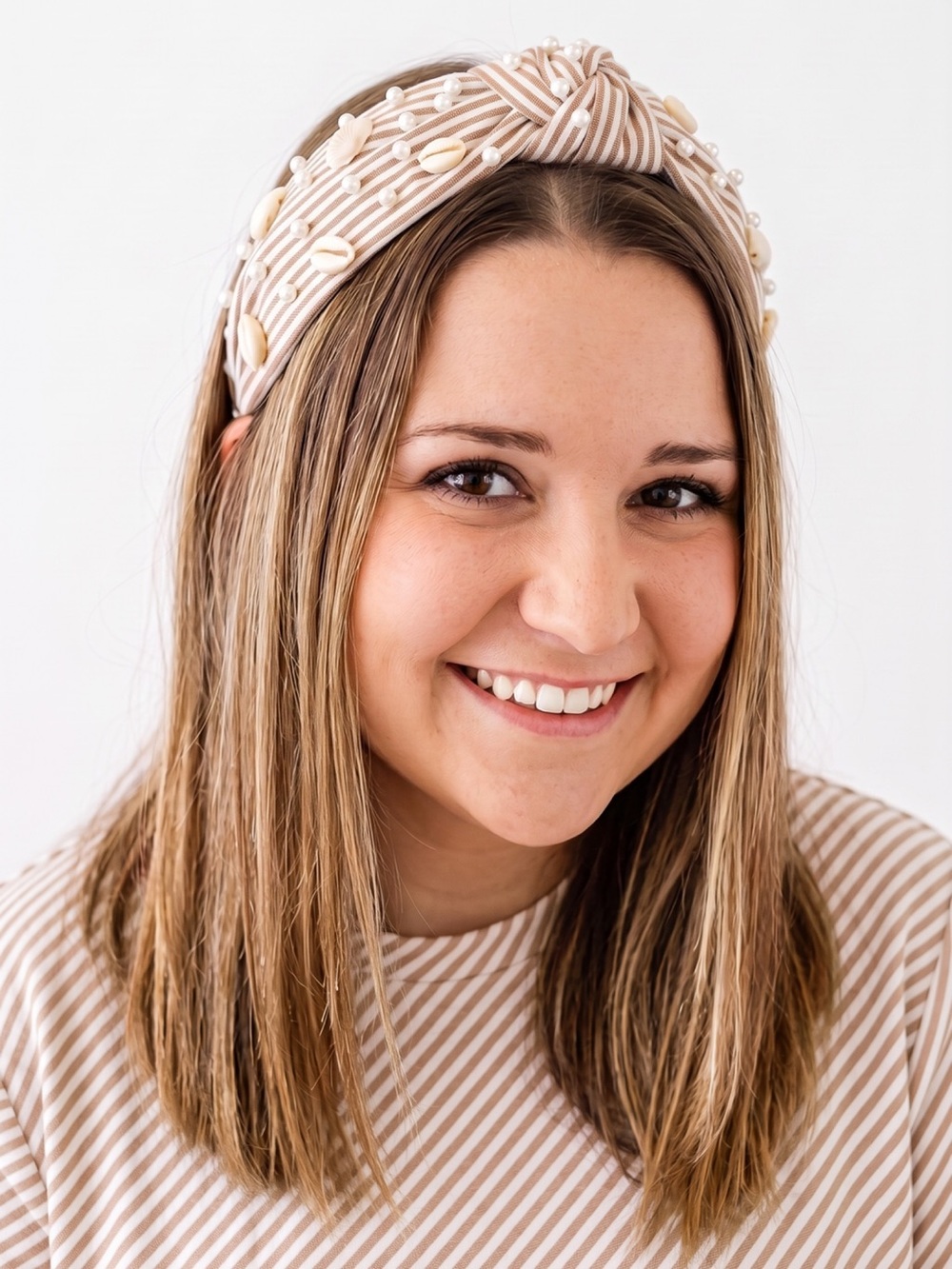 Shiraleah Beige and White Striped Knotted Headband with Pearls & Shells